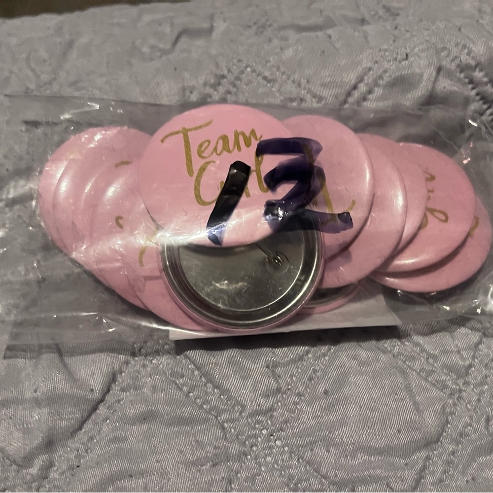 Pink "Team Girl" Gold Script Button Pin Set - Picture 2 of 3